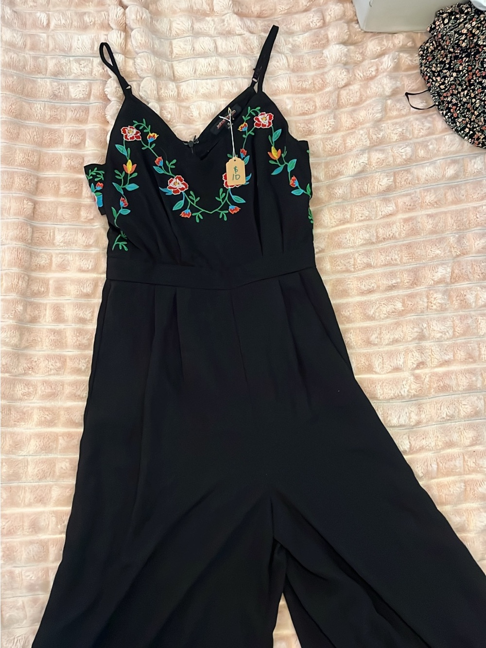 Black Strapless Jumpsuit with Colorful Floral Embroidery